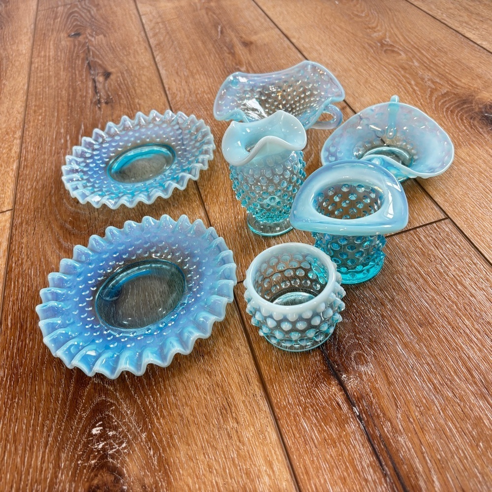 VTG Fenton Blue Opalescent Hobnail 7 pc lot Trinket Candy Dishes Votive Bud Vase - Picture 13 of 16